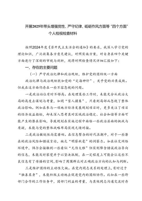 开展2025年带头增强党性、严守纪律、砥砺作风方面等“四个方面”个人检视检查材料（共四篇）.docx