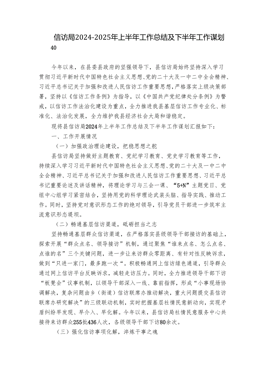 信访局20242025年上半年工作总结及下半年工作谋划.docx_第1页