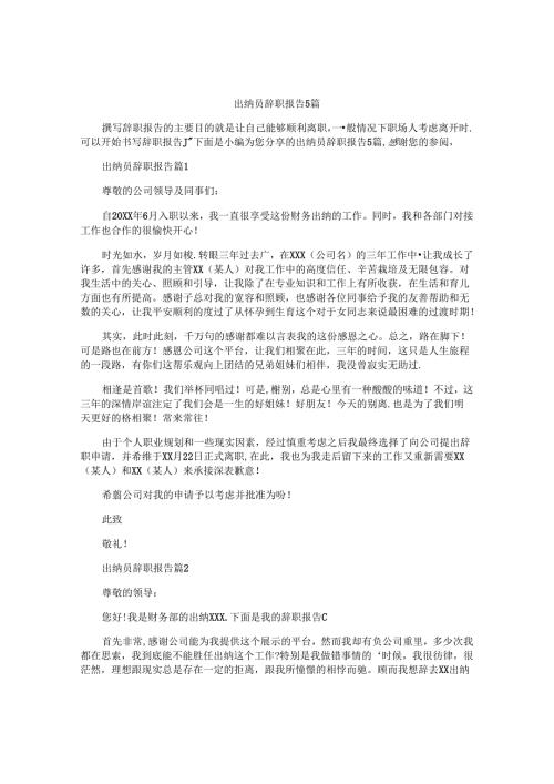 出纳员辞职报告5篇.docx