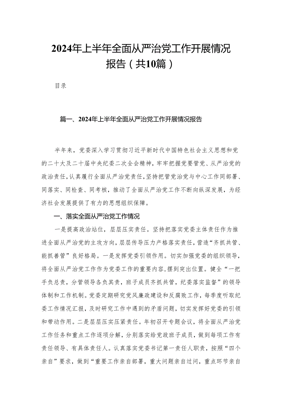 2024年上半年全面从严治党工作开展情况报告10篇(最新精选).docx_第1页