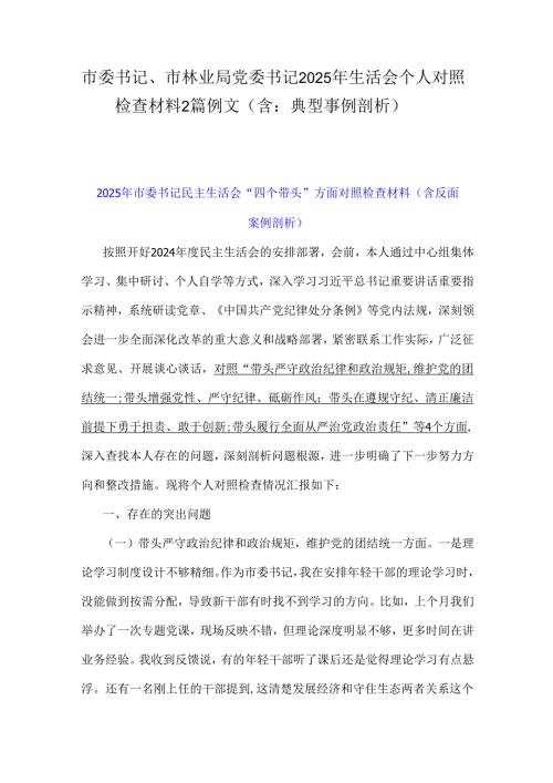 市委书记、市林业局党委书记2025年生活会个人对照检查材料2篇例文（含：典型事例剖析）.docx
