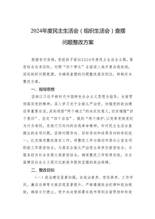 2024民主生活会（组织生活会）查摆问题整改方案材料.docx