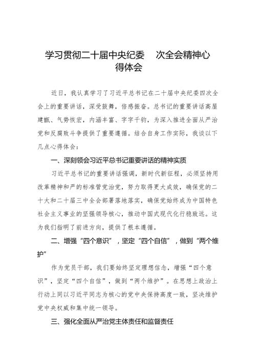 学习二十中央纪委四次全会精神心得体会发言材料十五篇.docx