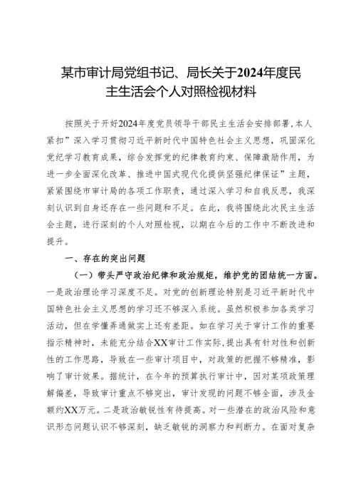 某市审计局党组书记、局长关于2024民主生活会个人对照检视材料.docx