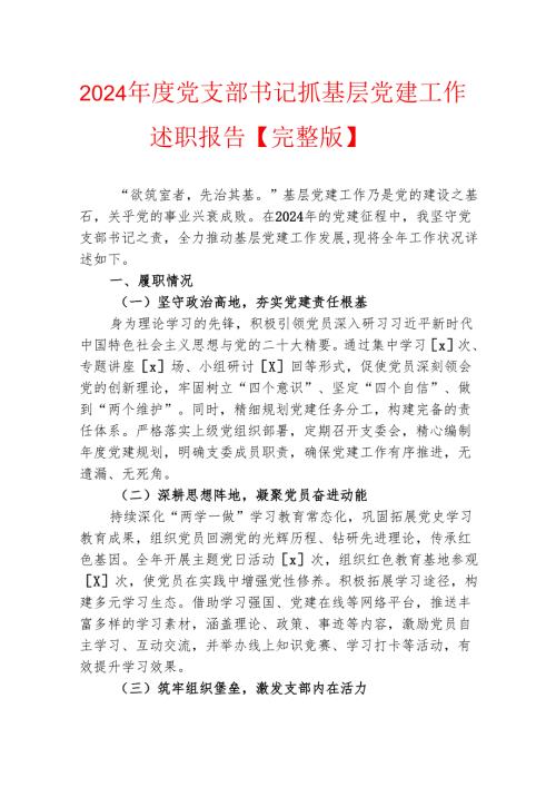 2024 党支部书记抓基层党建工作述职报告【完整版】.docx