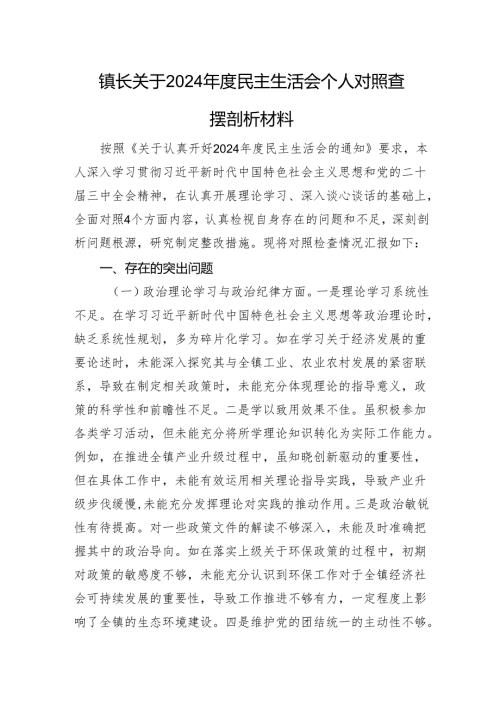 镇长关于2024民主生活会个人对照查摆剖析材料 四个带头 案例剖析.docx