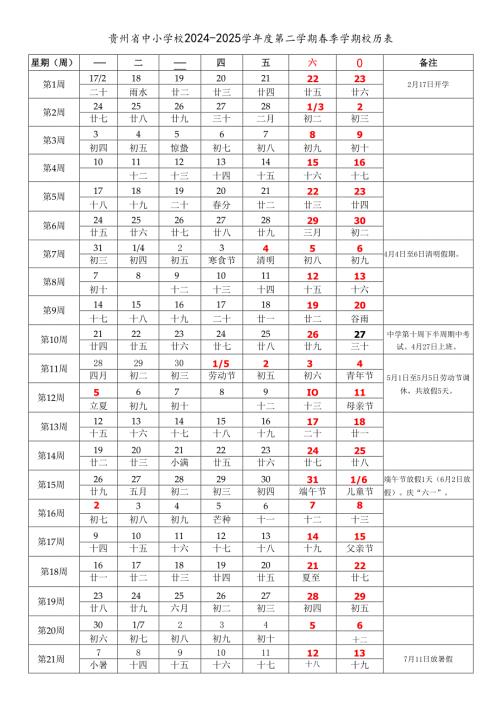 贵州省贵阳六盘水遵义安顺毕节铜仁市中小学校20242025学第二学期季学期校历表word可编辑模板.docx
