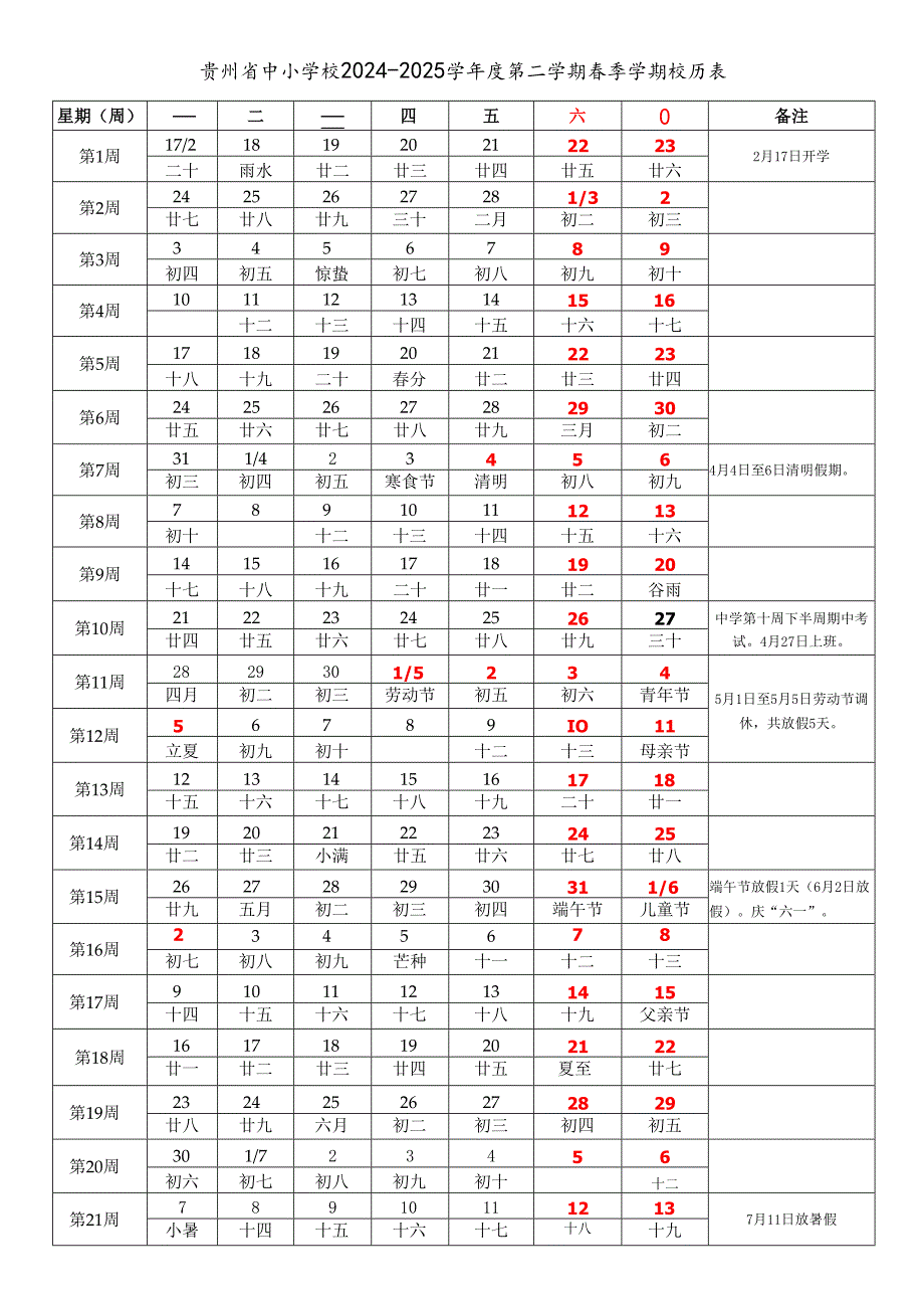贵州省贵阳六盘水遵义安顺毕节铜仁市中小学校20242025学第二学期季学期校历表word可编辑模板.docx_第1页