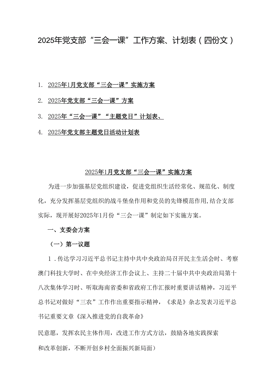 2025年党支部“三会一课”工作方案、计划表（四份文）.docx_第1页