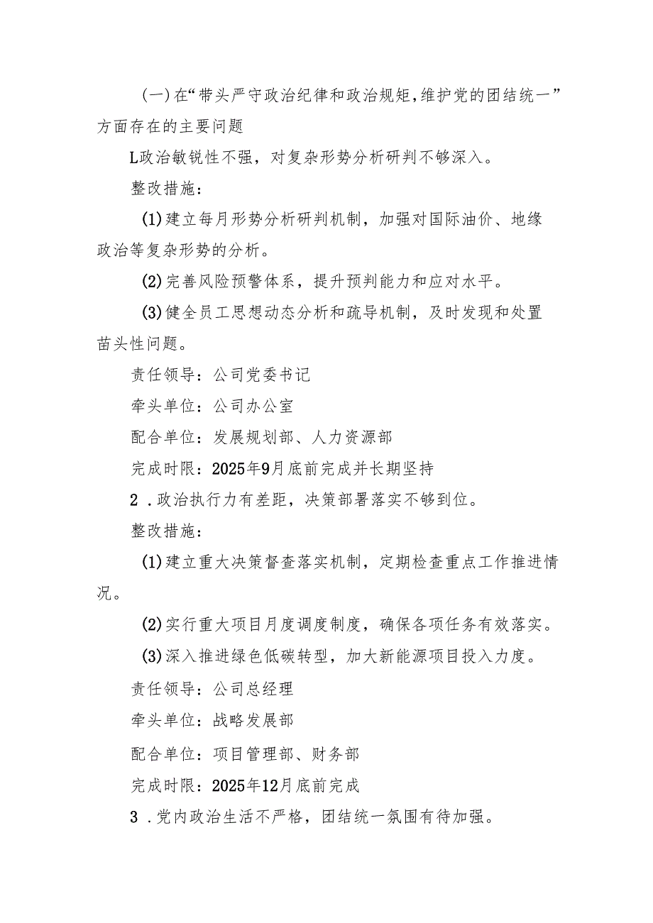 公司领导班子2024民主生活会整改落实方案（四个带头）和对照检查材料.docx_第3页