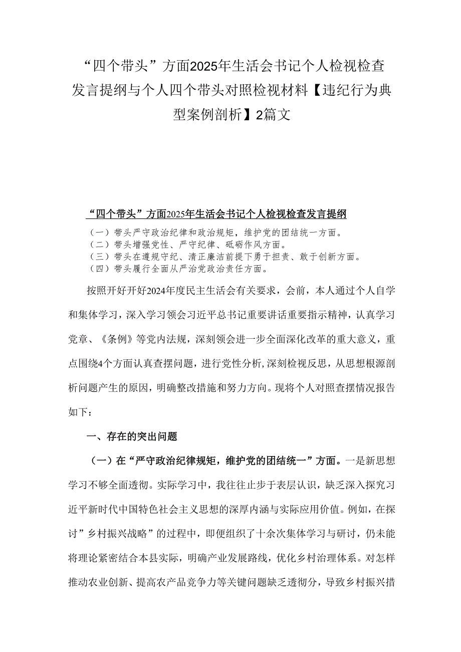 “四个带头”方面2025年生活会书记个人检视检查发言提纲与个人四个带头对照检视材料【违纪行为典型案例剖析】2篇文.docx_第1页