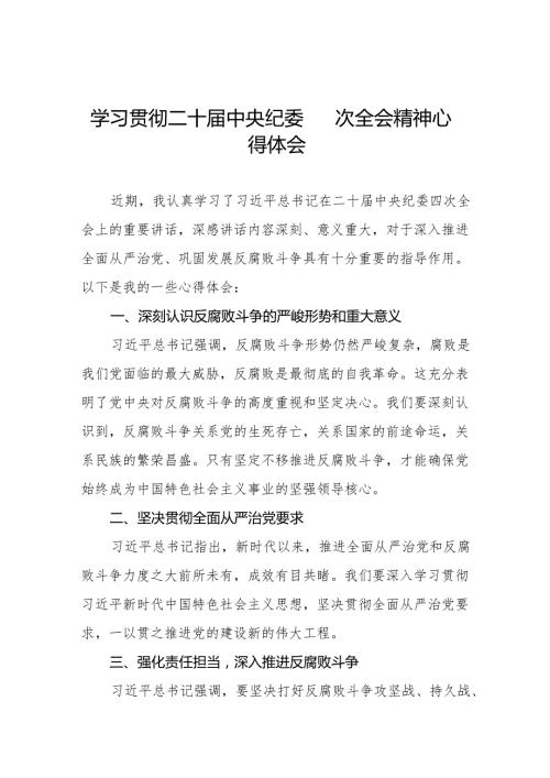 八篇党员干部学习贯彻二十中央纪委四次全会精神的心得体会.docx