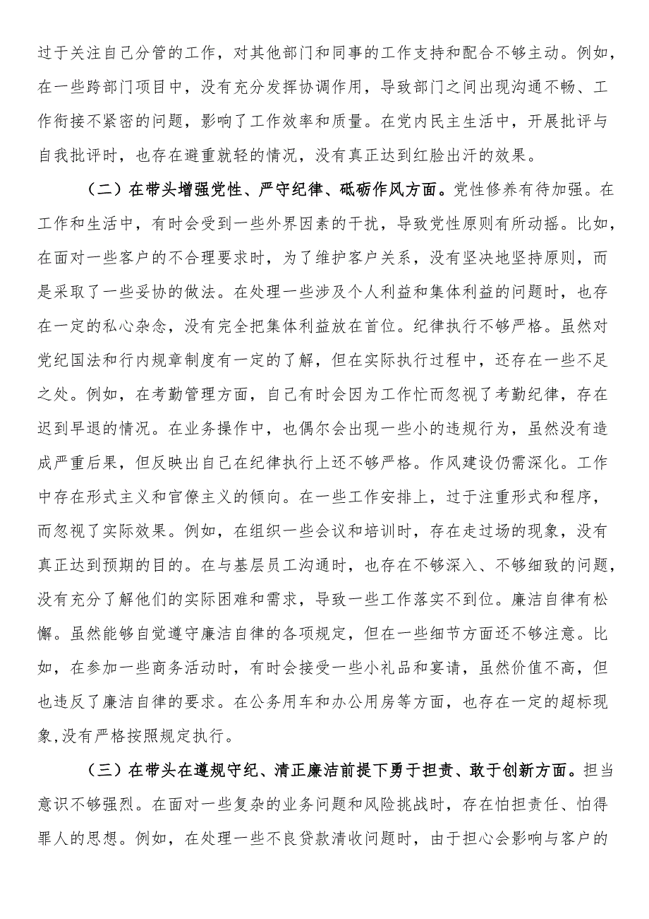 银行党委副书记2024民主生活会个人对照检视发言材料.docx_第2页