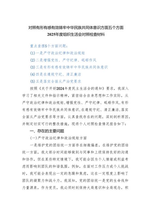 对照有形有感有效铸牢中华民族共同体意识方面五个方面2025组织生活会对照检查材料.docx