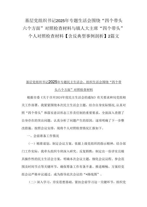 基层党组织书记2025年专题生活会围绕“四个带头六个方面”对照检查材料与镇人大主席“四个带头”个人对照检查材料【含反典型事例剖析】2篇文.docx