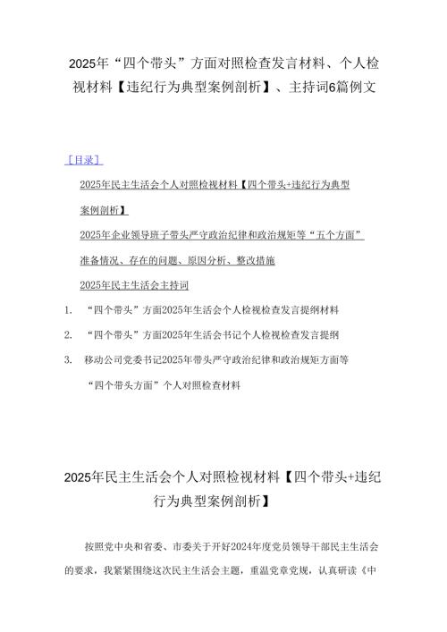2025年“四个带头”方面对照检查发言材料、个人检视材料【违纪行为典型案例剖析】、主持词6篇例文.docx