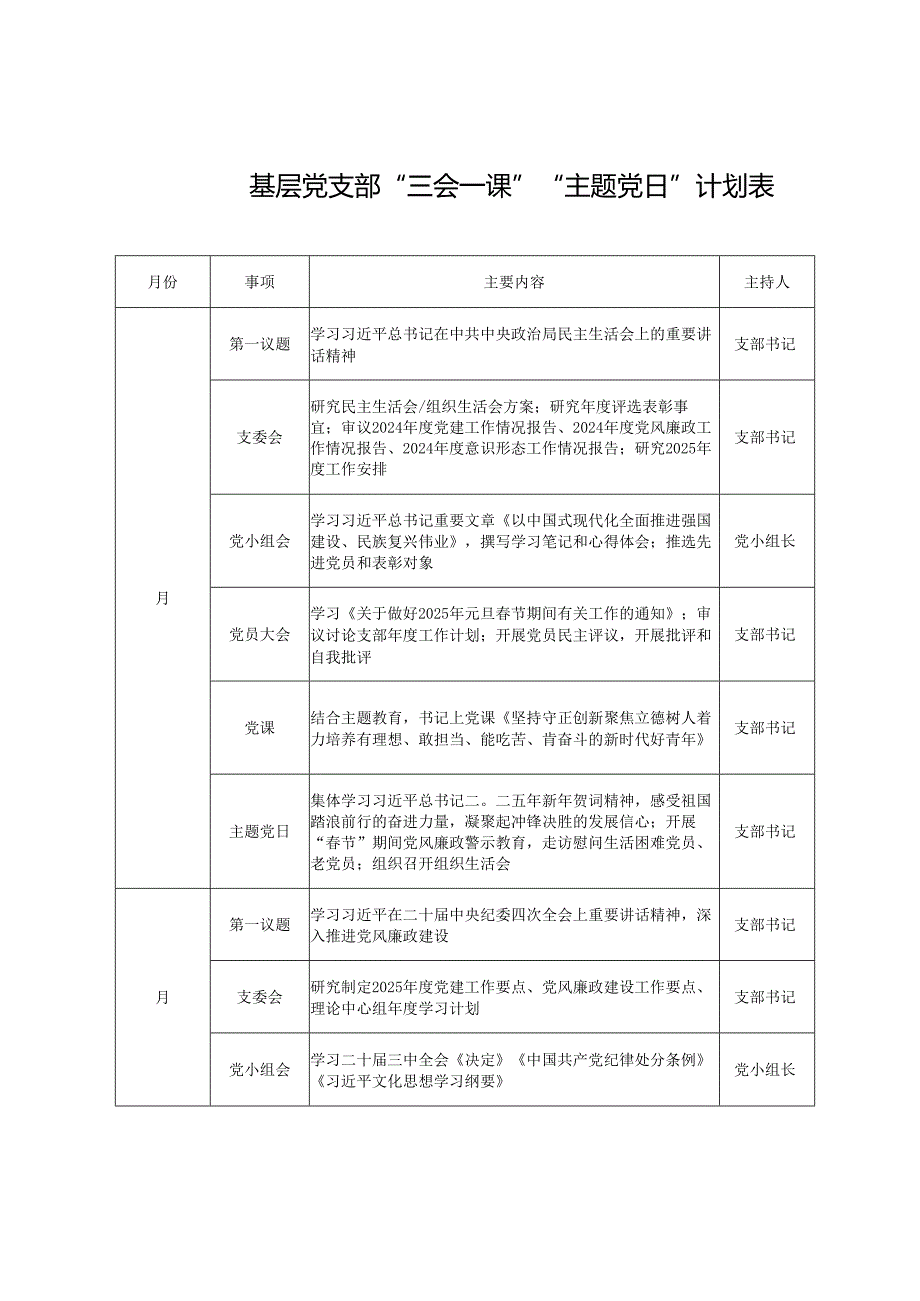 2025年2月 基层党支部“三会一课”“主题党日”计划表.docx_第1页