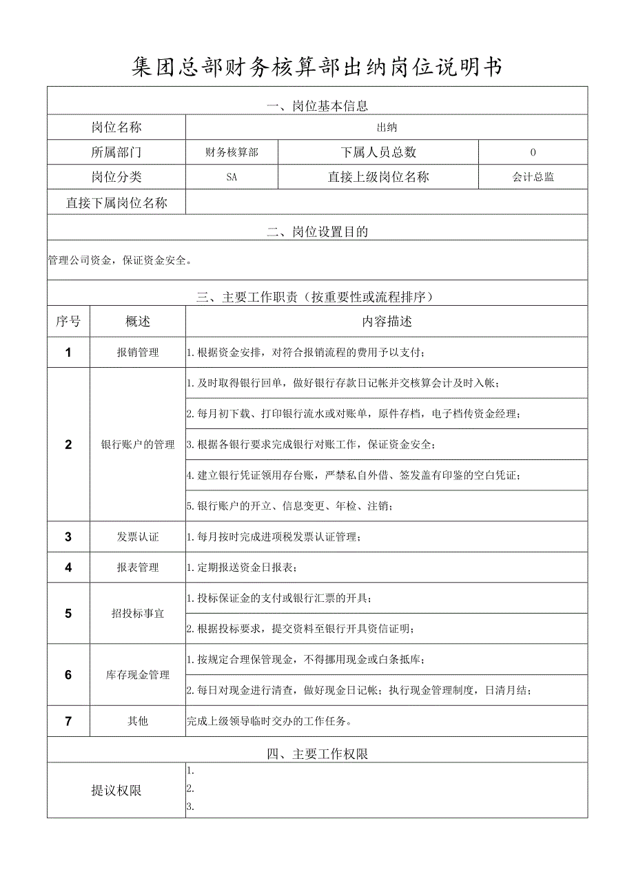 岗位说明书财务核算部出纳岗.docx_第1页