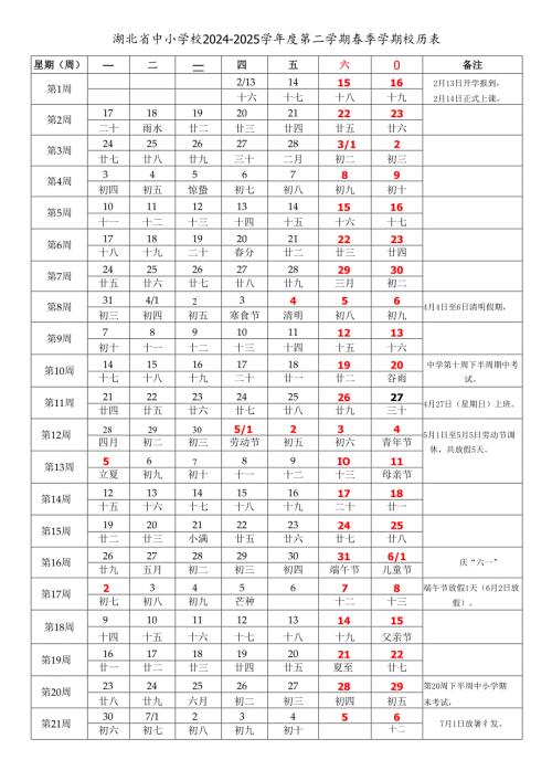 湖北省武汉黄石十堰宜昌襄阳鄂州荆门孝感荆州黄冈咸宁随州市中小学校20242025学第二学期季学期校历表教学日历教师家长学生行事历.docx