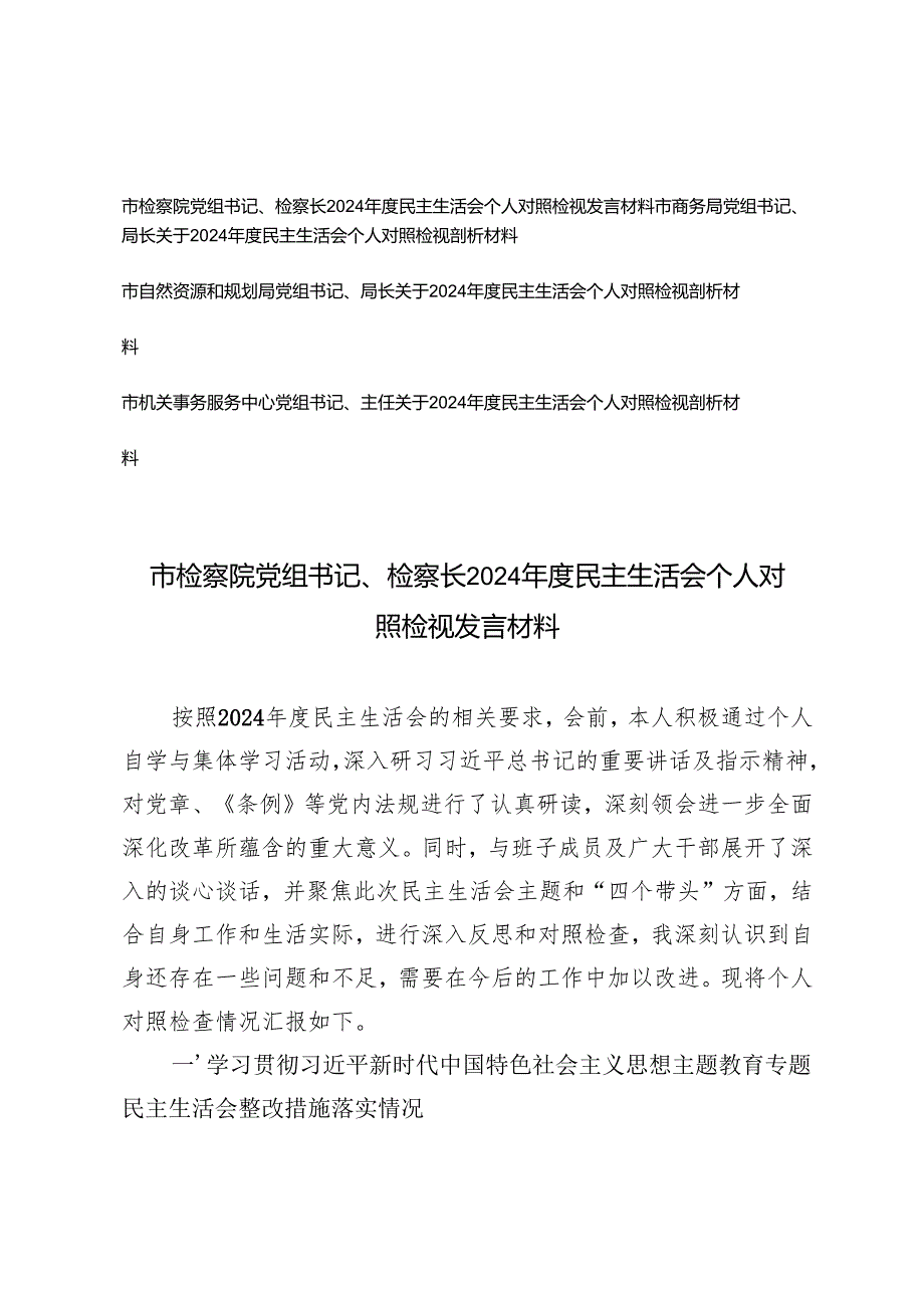 党组书记、局长、检察长、主任2024民主生活会个人对照检视发言材料（适用检察院、商务局、自然资源和规划局、机关事务服务中心）.docx_第1页