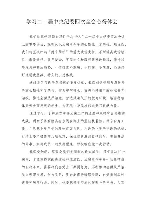 学习二十中央纪委四次全会个人心得体会 （合计17份）.docx