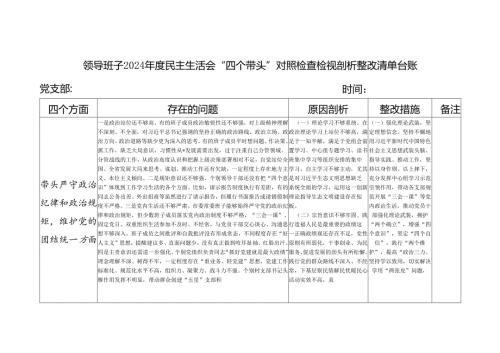 领导班子2024民主生活会“四个带头”方面对照检查检视剖析整改清单台账.docx