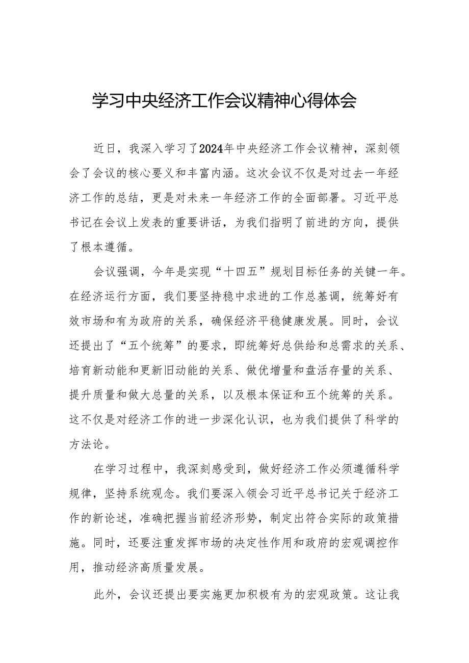九篇学习2024年中央经济工作会议精神心得体会发言材料.docx_第1页