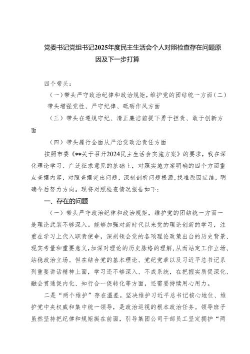 党委书记党组书记2025民主生活会个人对照检查存在问题原因及下一步打算【六篇】.docx