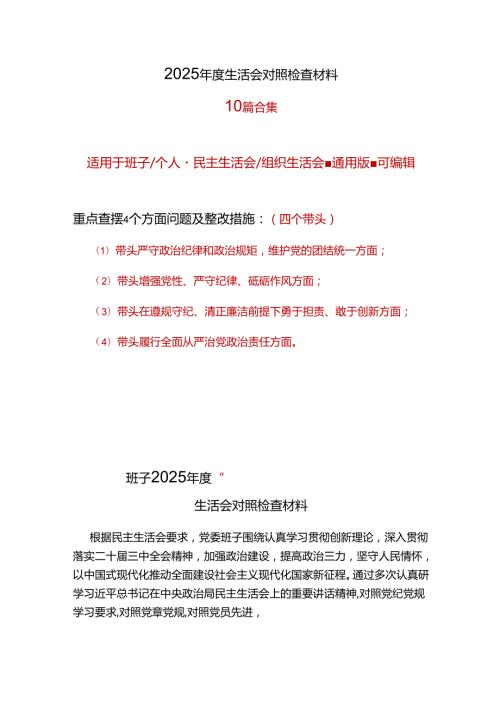 班子2025“四个带头”民主生活会个人对照检查材料10篇.docx