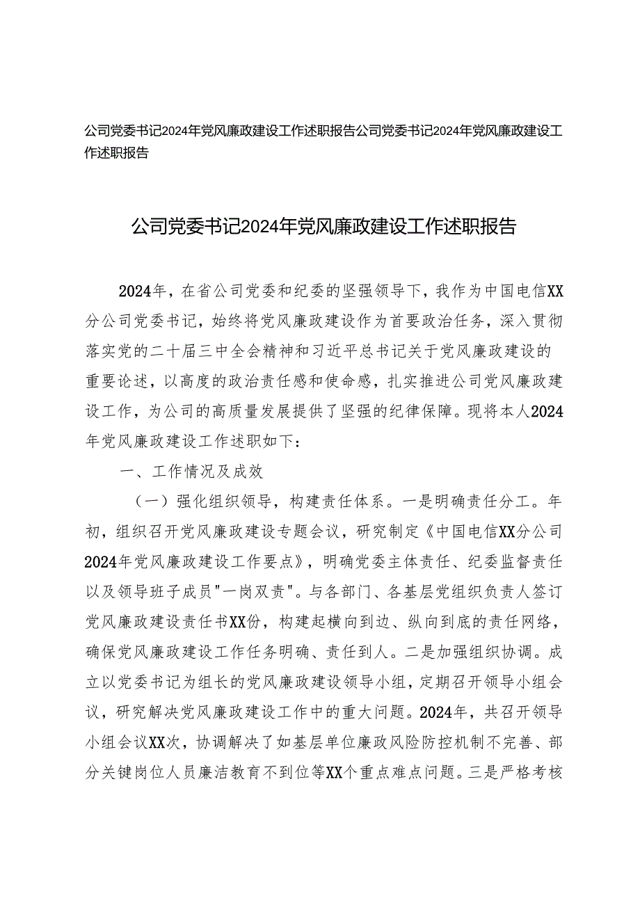 2025年公司党委书记2024年党风廉政建设工作述职报告 2篇.docx_第1页
