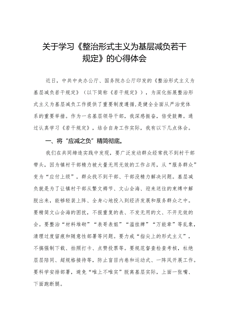 学习贯彻整治形式主义为基层减负若干规定专题培训研讨发言4篇.docx_第1页