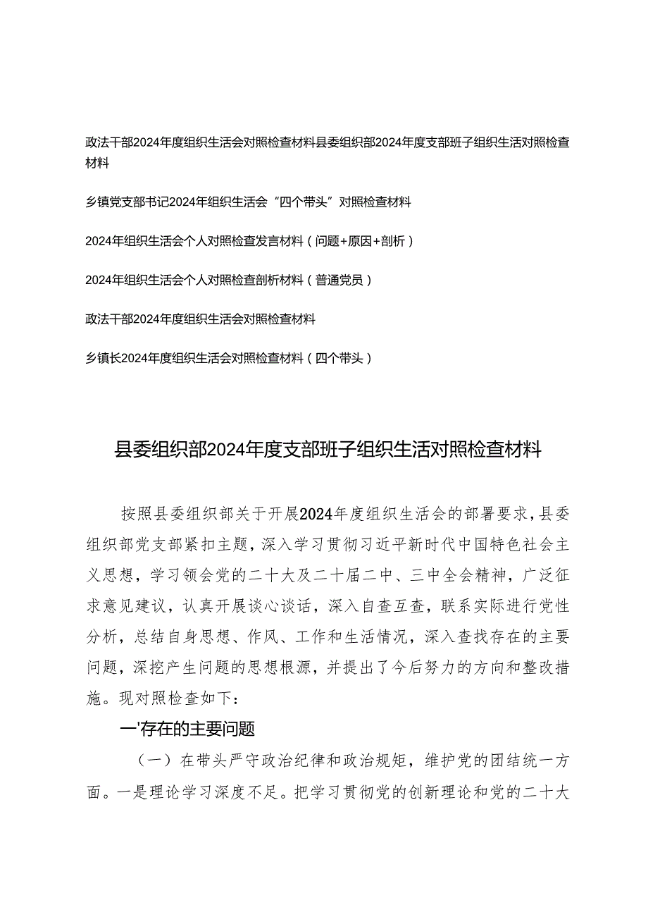 （个人、班子）2025年组织生活会对照检查材料四个带头（政法干部、县委组织部、乡镇党支部书记、乡镇长）.docx_第1页