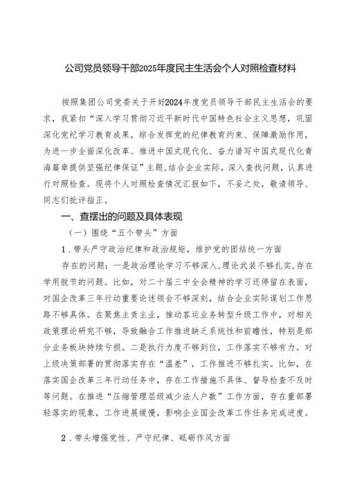 公司党员领导干部2025民主生活会个人对照检查材料(8篇).docx