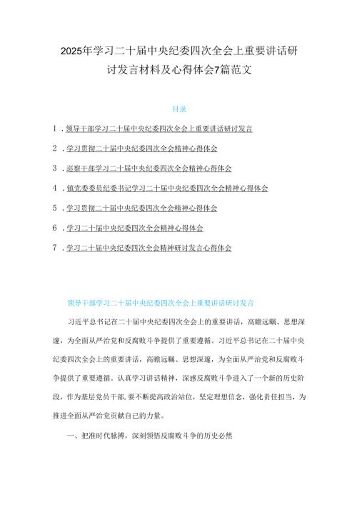 2025年学习二十中央纪委四次全会上重要讲话研讨发言材料及心得体会7篇范文.docx