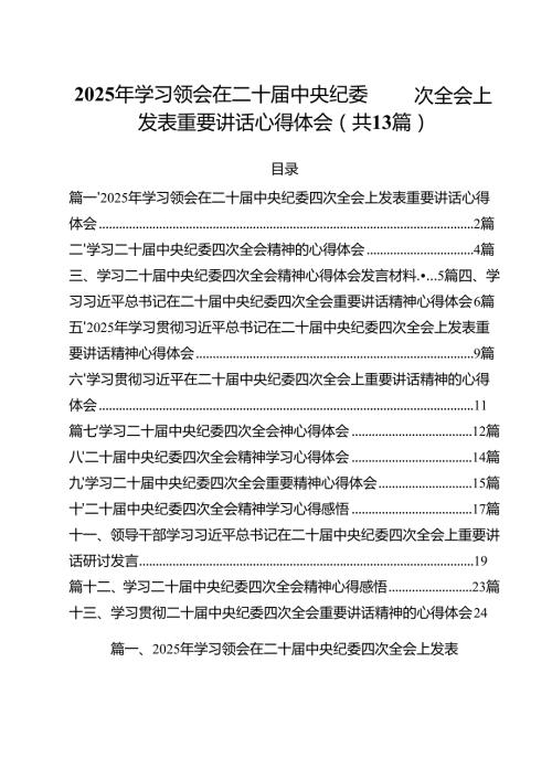 2025年学习领会在二十中央纪委四次全会上发表重要讲话心得体会13篇供参考.docx