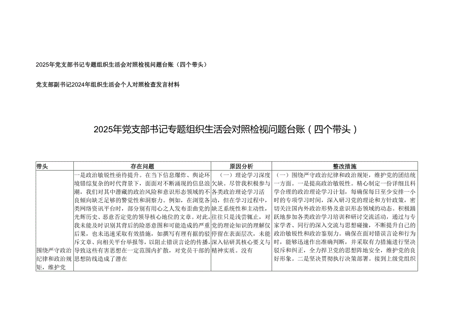 2025年党支部书记专题组织生活会对照检视问题台账（四个带头）.docx_第1页