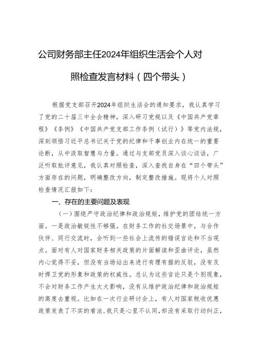 公司财务部主任2024年组织生活会个人对照检查发言材料（四个带头）.docx