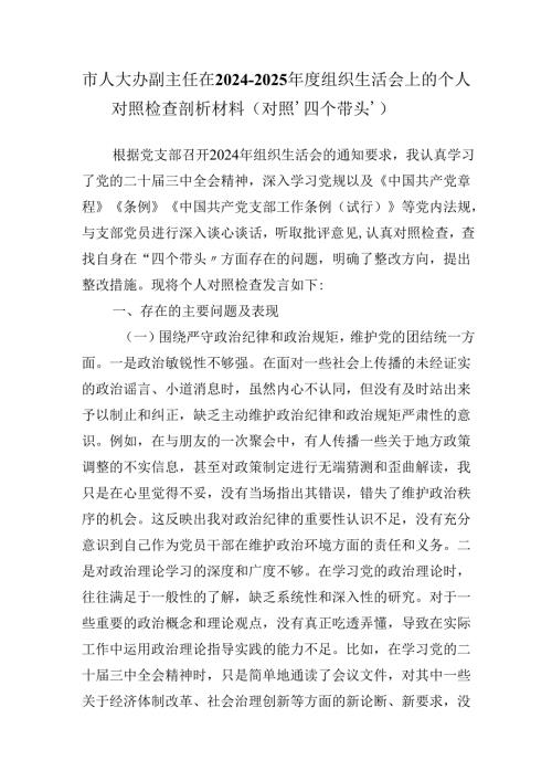 市人大办副主任在20242025组织生活会上的个人对照检查剖析材料（对照‘四个带头’）.docx