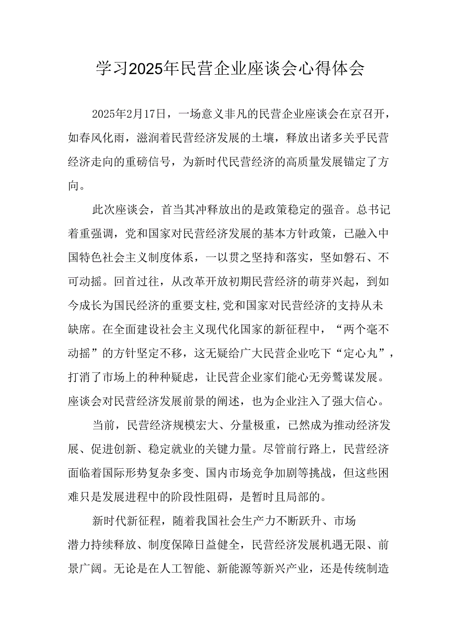 民营企业2025年学习民营企业座谈会个人心得体会 （合计5份）(1).docx_第1页