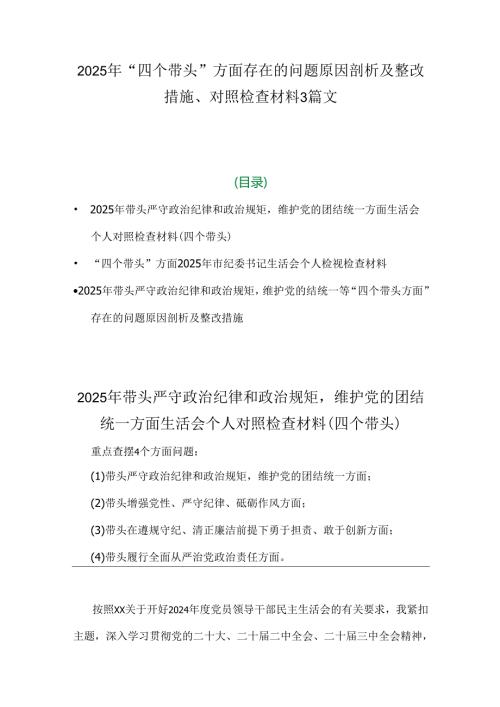2025年“四个带头”方面存在的问题原因剖析及整改措施、对照检查材料3篇文.docx