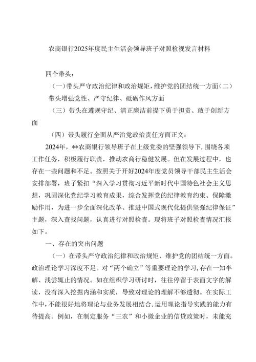 农商银行2025民主生活会领导班子对照检视发言材料精选(通用八篇).docx