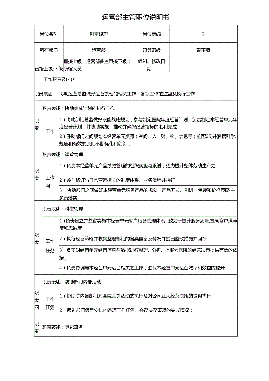 医美整形无创科运营部主管岗位说明书.docx_第1页