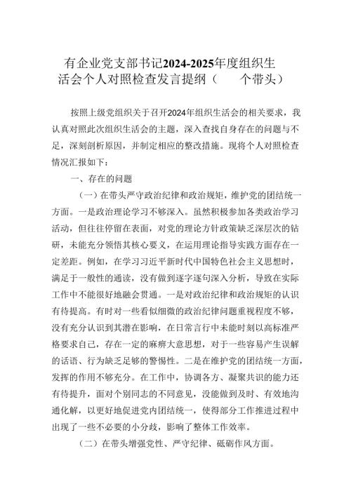 国有企业党支部书记20242025组织生活会个人对照检查发言提纲（四个带头）.docx
