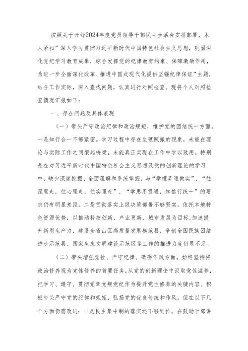 最新副县长2024民主生活个人四个带头检查材料Word文档.docx