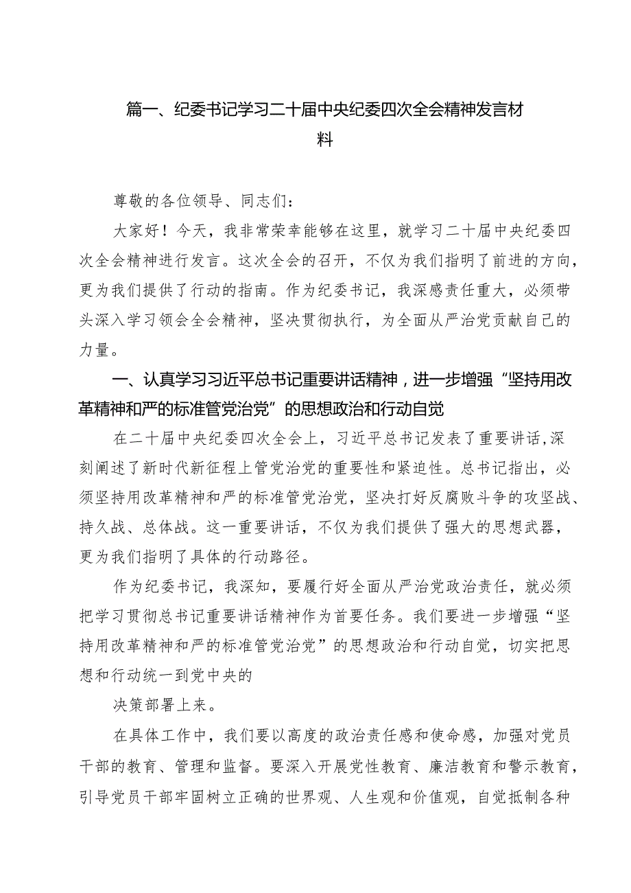 （10篇）纪委书记学习二十中央纪委四次全会精神发言材料参考范文.docx_第2页