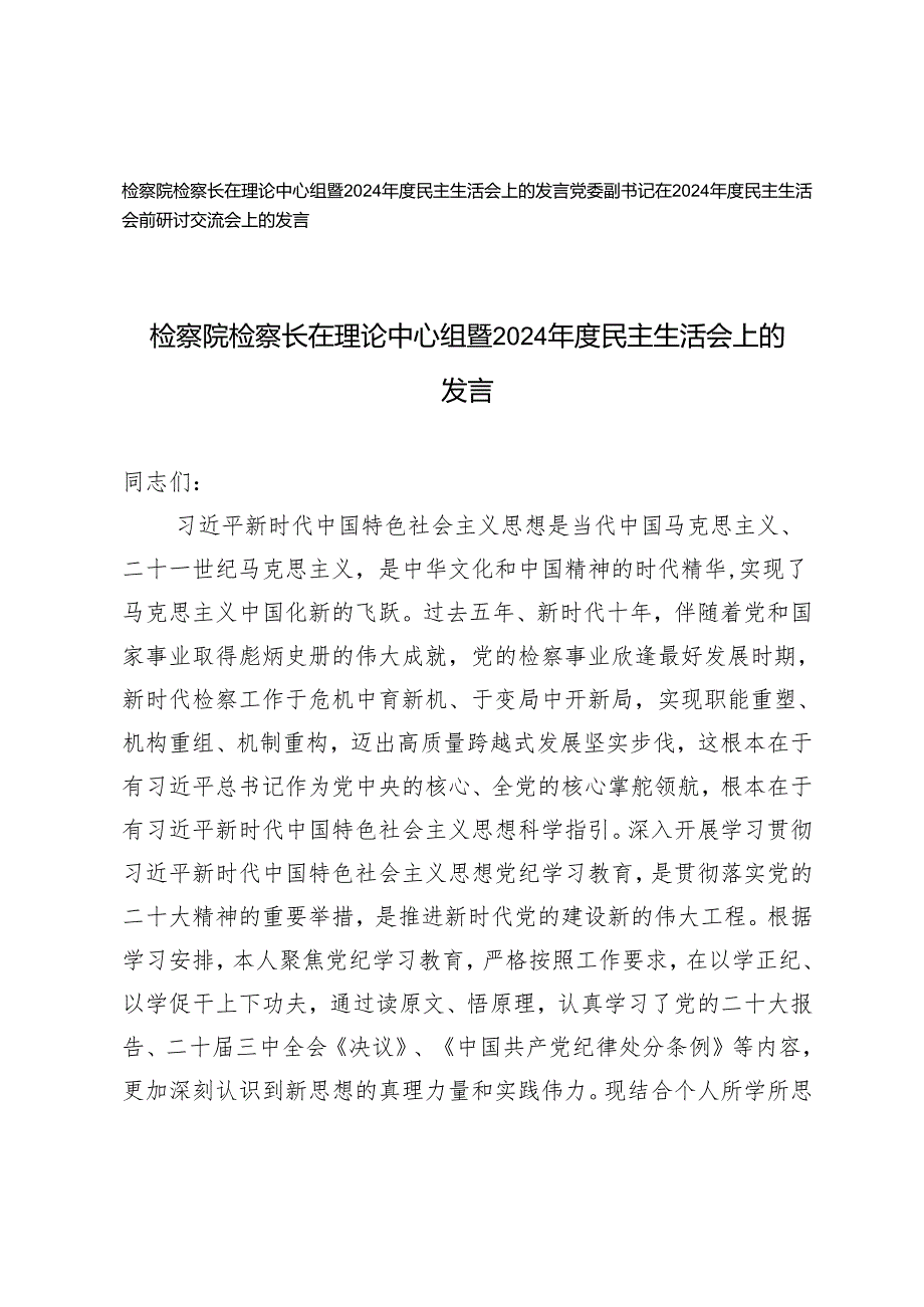 2025年检察院检察长在理论中心组暨2024民主生活会上的发言+党委副书记在民主生活会前研讨交流会上的发言.docx_第1页
