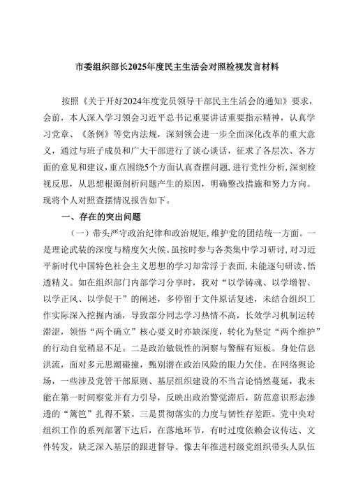 市委组织部长2025民主生活会对照检视发言材料（3篇）.docx