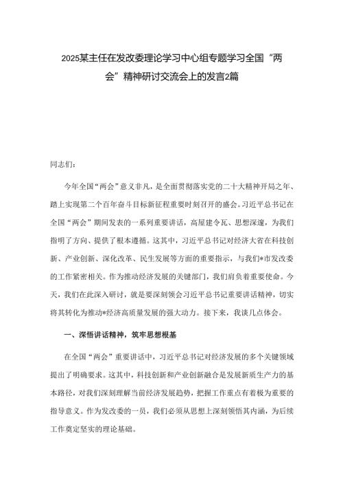 2025某主任在发改委理论学习中心组专题学习全国“两会”精神研讨交流会上的发言2篇.docx