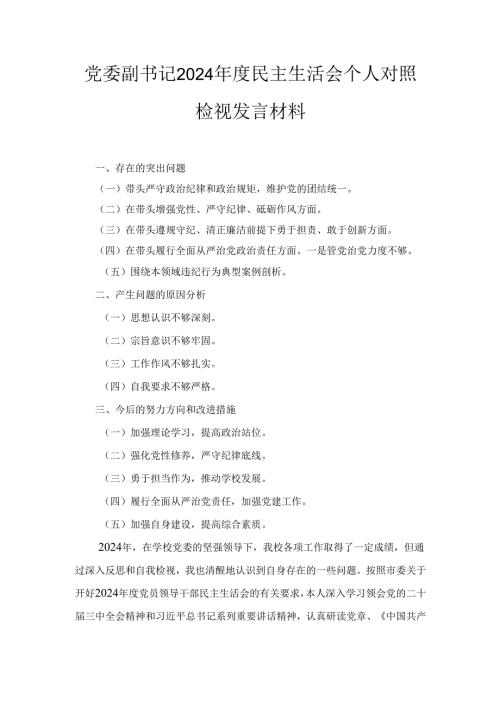 学校党委副书记(2024年)度民主生活会个人对照检视发言材料.docx