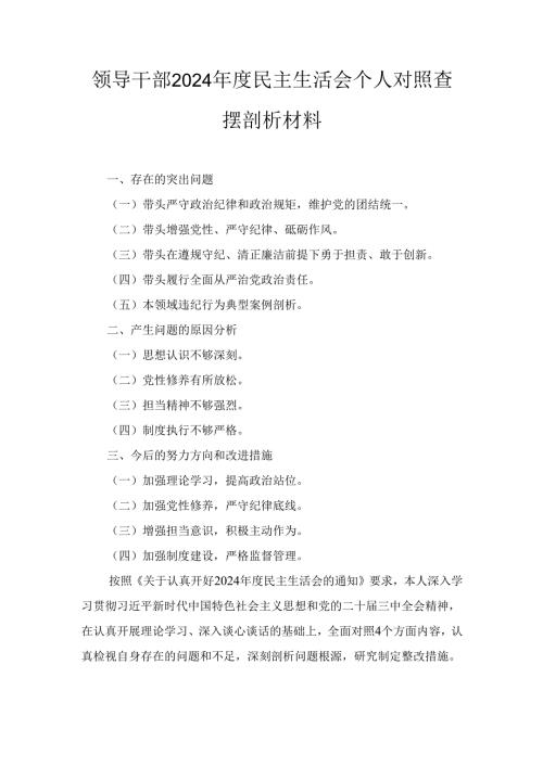 领导干部（2024年）度民主生活会个人对照查摆剖析材料.docx